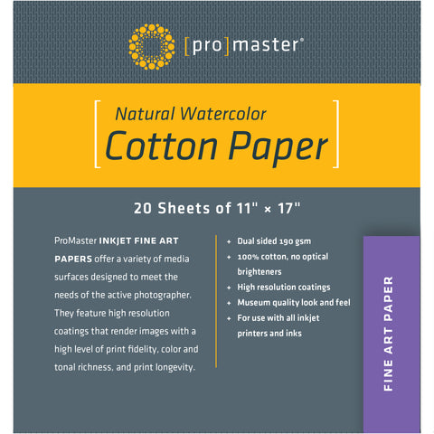 ProMaster Natural Watercolor Cotton Paper - 11"x17" - 20 Sheets - Print-Scan-Present - ProMaster - Helix Camera