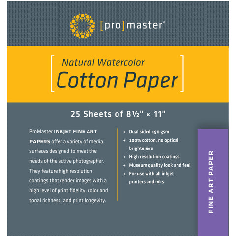 ProMaster Natural Watercolor Cotton Paper - 8 1/2"x11" - 25 Sheets - Print-Scan-Present - ProMaster - Helix Camera