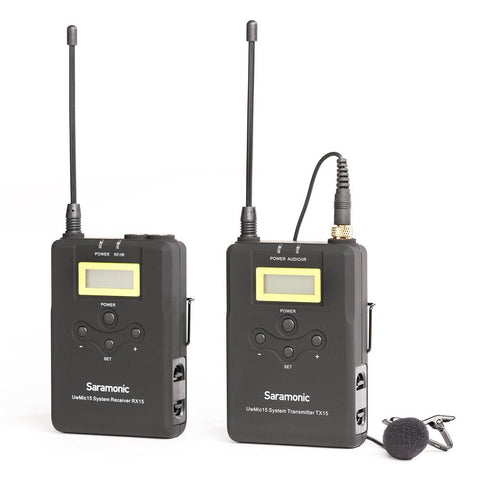 SARAMONIC UWMIC15 16-CHANNEL UHF WIRELESS LAVALIER MICROPHONE SYSTEM WITH PORTABLE CAMERA-MOUNTABLE WIRELESS RECEIVER - Audio - Saramonic - Helix Camera