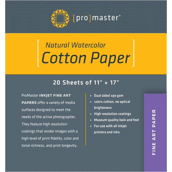 ProMaster Natural Watercolor Cotton Paper - 11"x17" - 20 Sheets - Print-Scan-Present - ProMaster - Helix Camera 