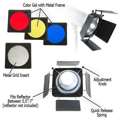 Fotodiox Universal Barn Door Barndoor Kit with Honeycomb grid (45 Degree), Diffusion and Color Gels for Strobe Light with 5.5" - 7" Reflector - Photo-Video - Fotodiox - Helix Camera 